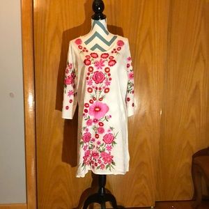White w/ Pink Embroidered Flowers Dress